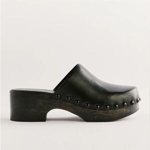 Reformation Rayna Black Leather Wooden Clog 8.5